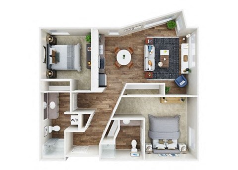 Floor plan for 2 beds, 2 baths, 1272 sqft
